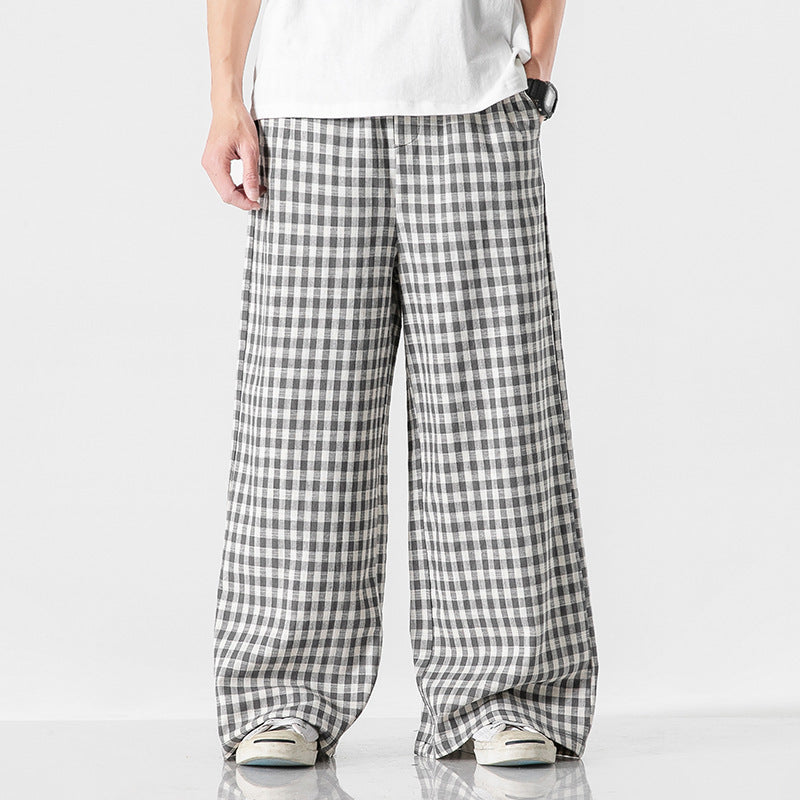 Summer Plus Size Chinese Style Cotton And Linen Plaid Baggy Pants