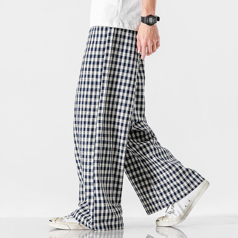 Summer Plus Size Chinese Style Cotton And Linen Plaid Baggy Pants