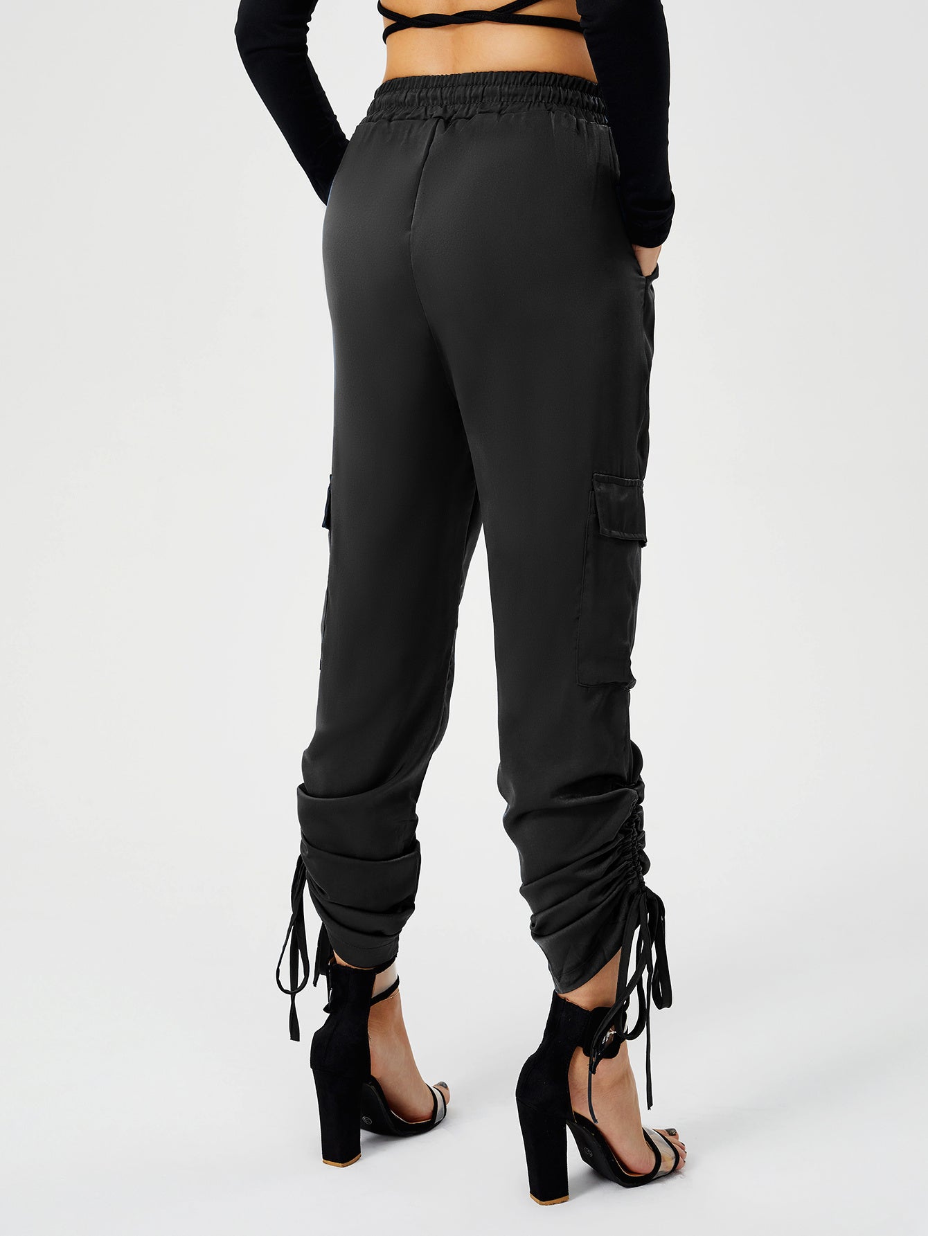 Women's Satin Jogger Pants Casual High Waist Long Lounge Pant Trousers With Pockets