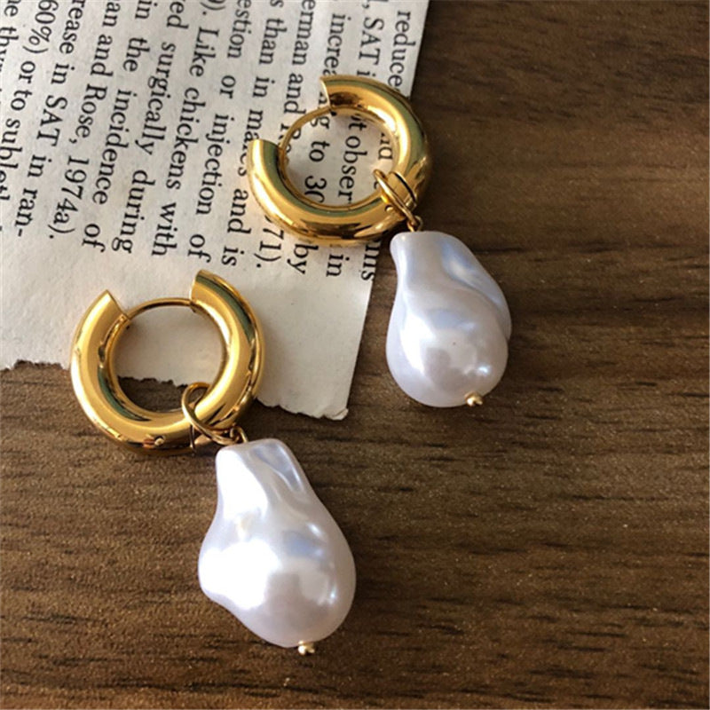 Irregular Earrings Glossy Golden Ring Earrings Pearl Pendant Earrings