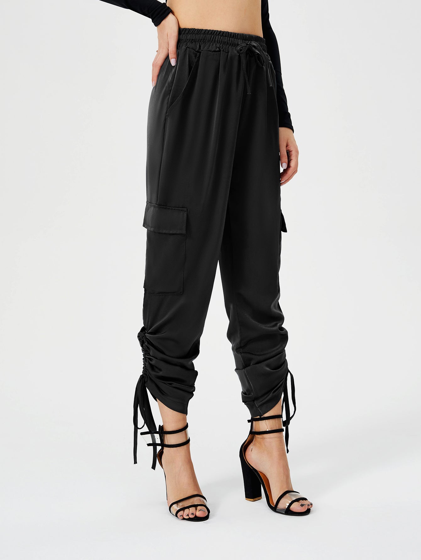 Women's Satin Jogger Pants Casual High Waist Long Lounge Pant Trousers With Pockets