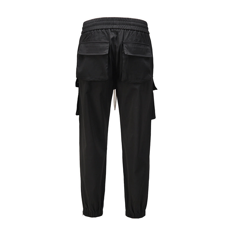 European And American High Street Dark Black Multi-pocket Zipper Pocket Pant