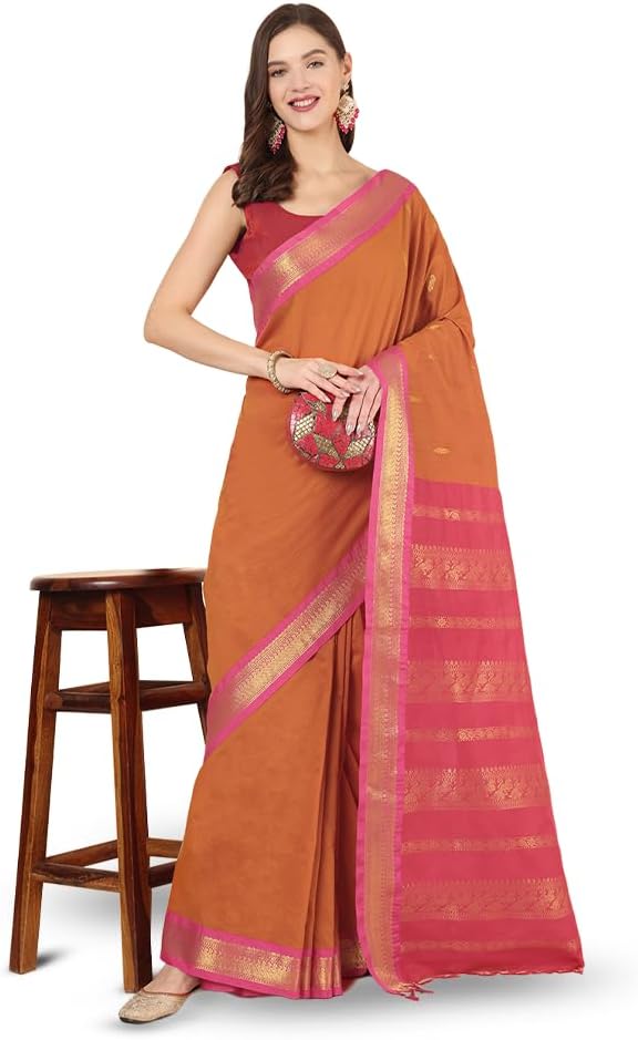 Women's Gadwal Silk Cotton Saree with Contrast Unstitched Blouse Piece - Stylish and Classic Traditional Saree