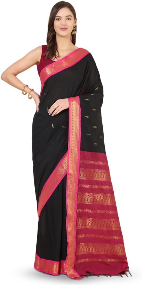 Women's Gadwal Silk Cotton Saree with Contrast Unstitched Blouse Piece - Stylish and Classic Traditional Saree