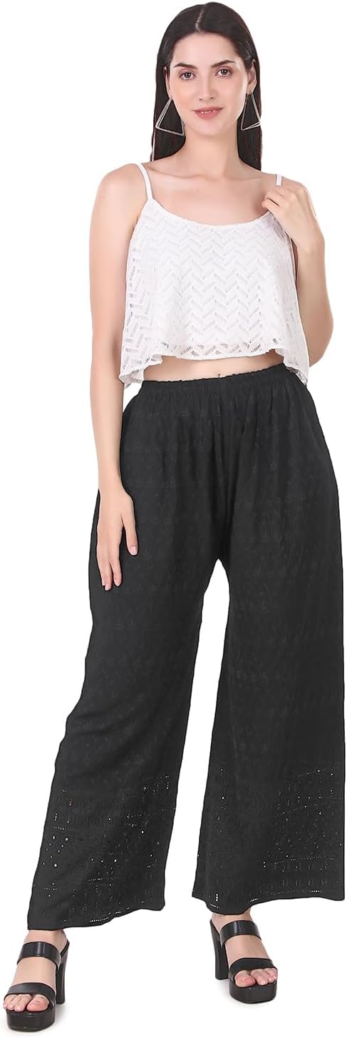 ladyline Women's Embroidered Hakoba Chikhan Palazzo Pant in Rayon with Elastic Closure