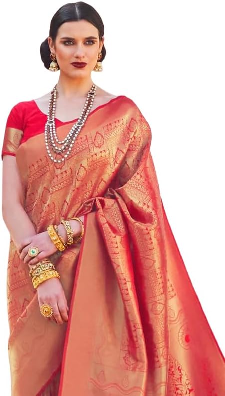 Womens Kanjivaram Silk Saree with Zari Woven Saree With Blouse Piece