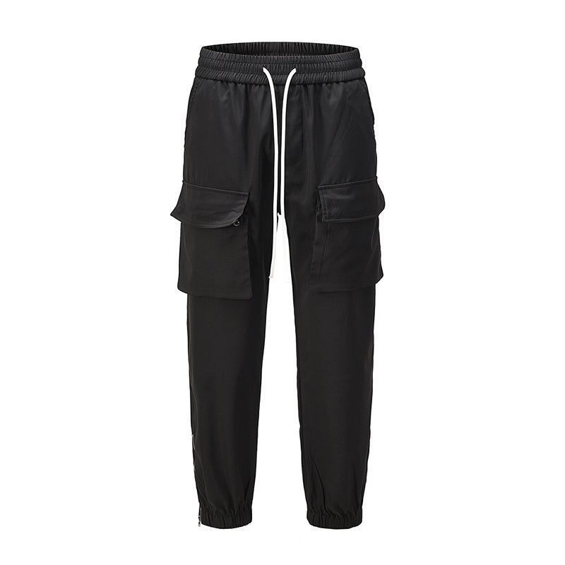 European And American High Street Dark Black Multi-pocket Zipper Pocket Pant