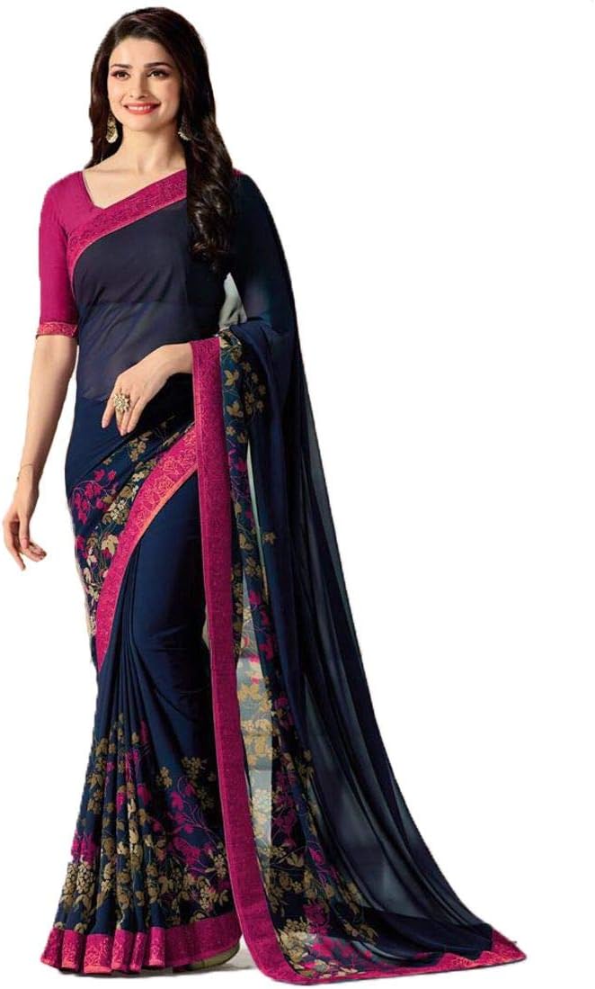 MAHEK Indian Women's Georgette New Fancy All Over Flower Prints Saree with Border & Blouse