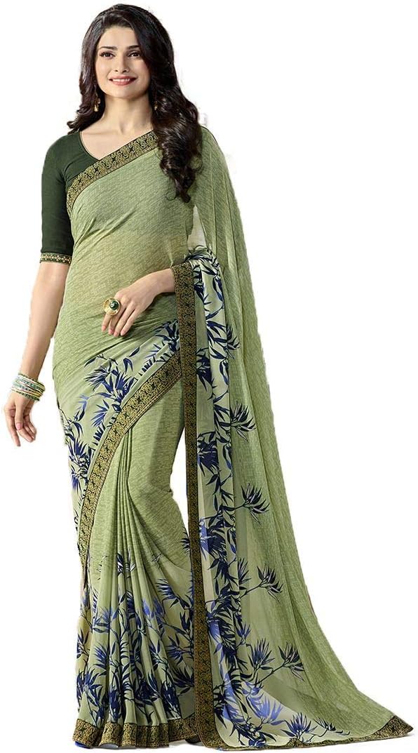 MAHEK Indian Women's Georgette New Fancy All Over Flower Prints Saree with Border & Blouse