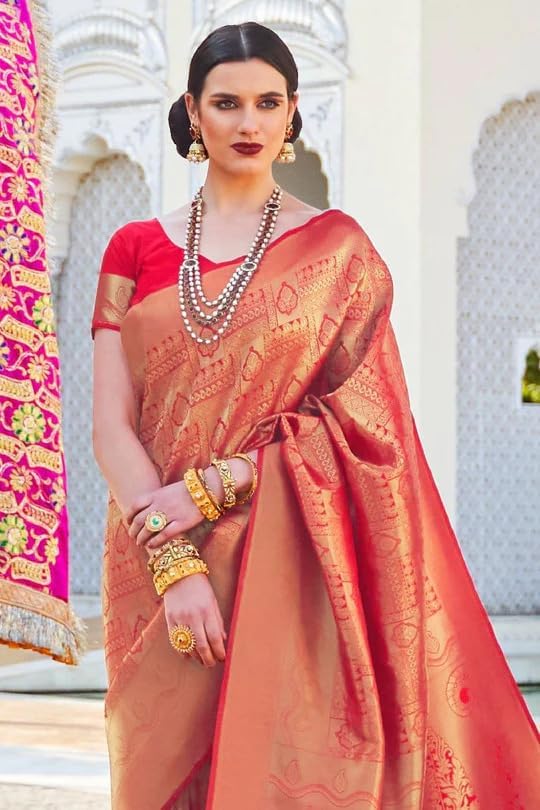 Womens Kanjivaram Silk Saree with Zari Woven Saree With Blouse Piece