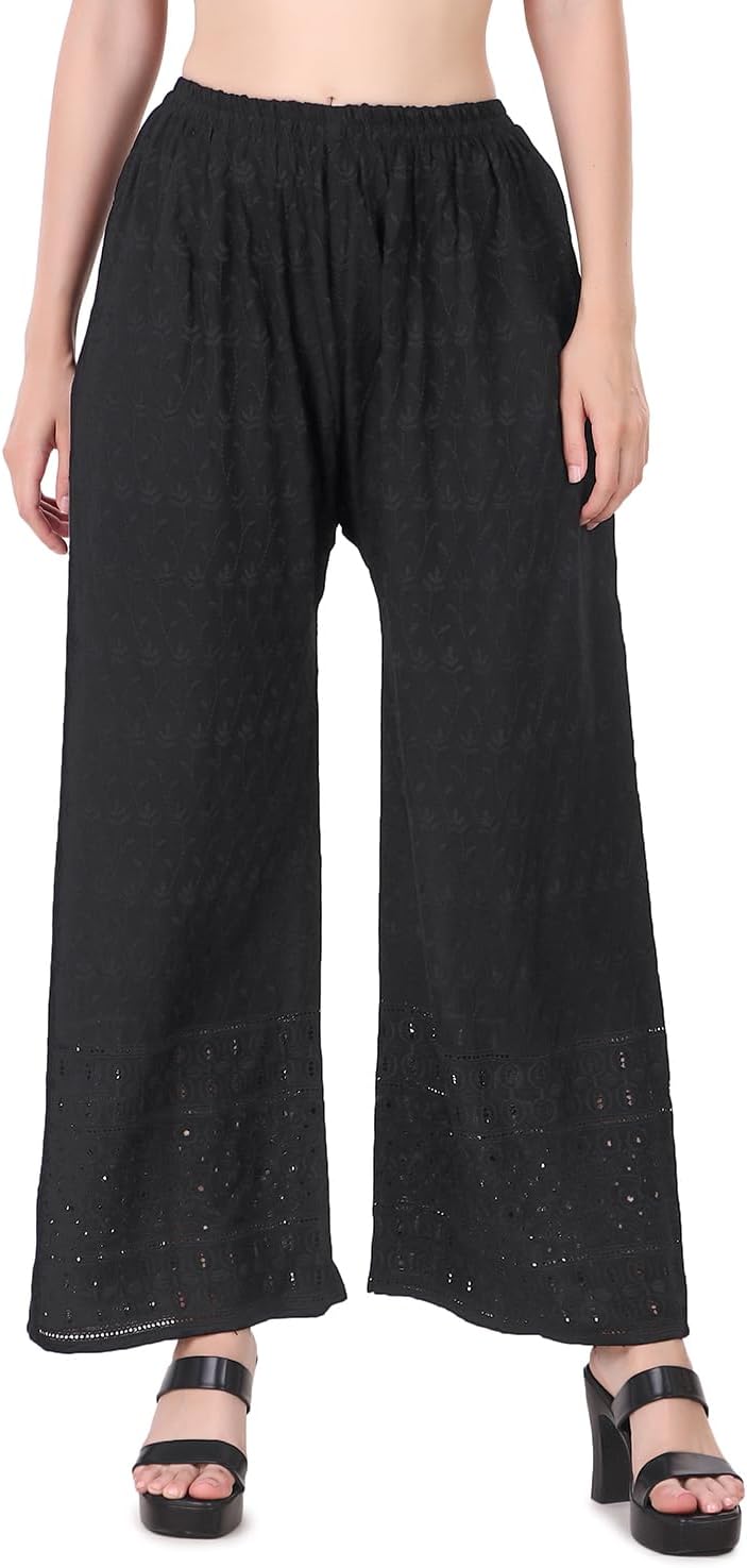 ladyline Women's Embroidered Hakoba Chikhan Palazzo Pant in Rayon with Elastic Closure