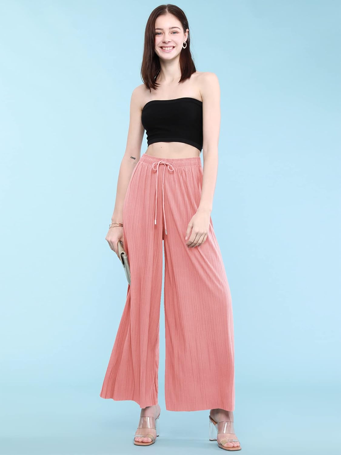 Lock and Love Womens Pleated Wide Leg Palazzo Maxi Pants with Drawstring or Elastic Band