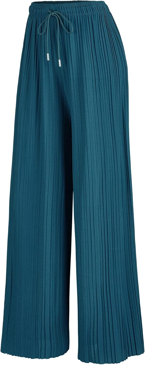 Lock and Love Womens Pleated Wide Leg Palazzo Maxi Pants with Drawstring or Elastic Band