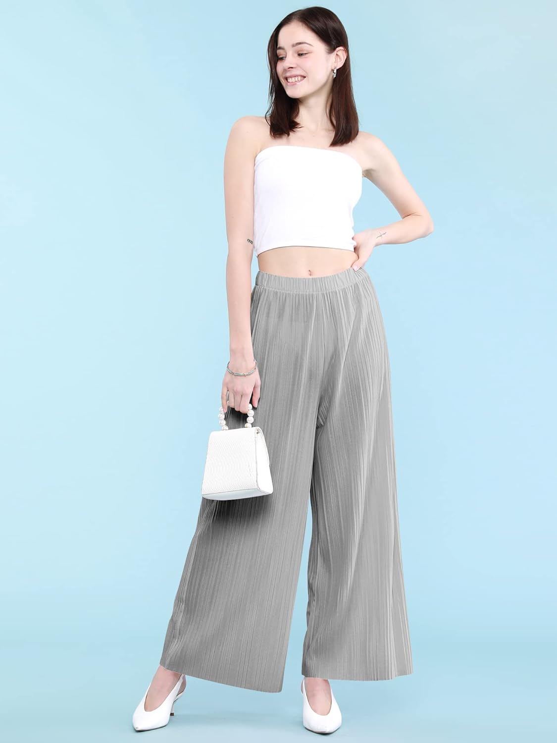 Lock and Love Womens Pleated Wide Leg Palazzo Maxi Pants with Drawstring or Elastic Band