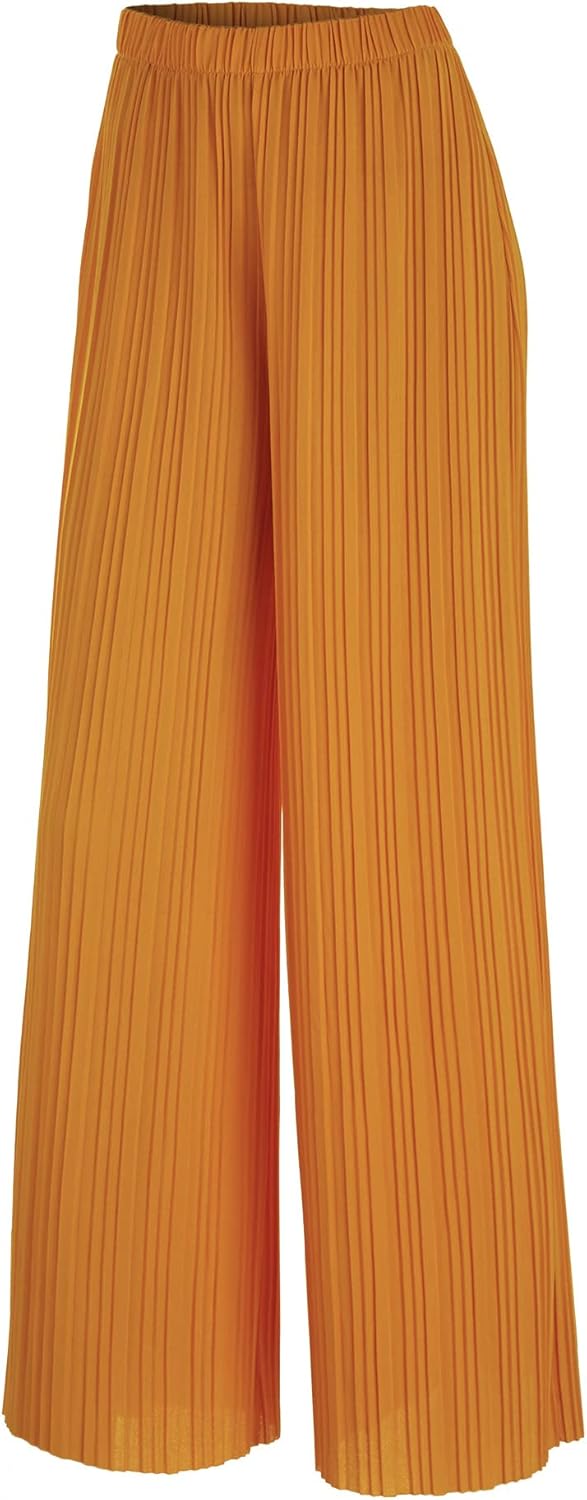 Lock and Love Womens Pleated Wide Leg Palazzo Maxi Pants with Drawstring or Elastic Band