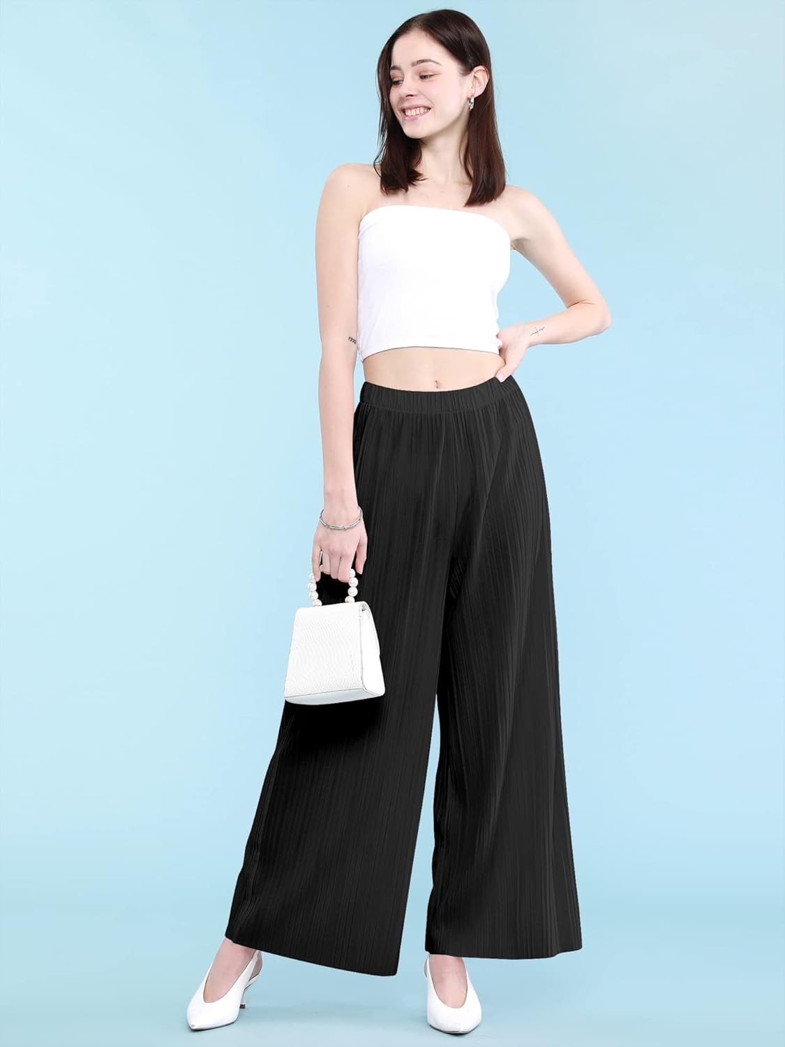 Lock and Love Womens Pleated Wide Leg Palazzo Maxi Pants with Drawstring or Elastic Band