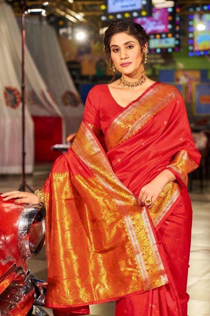 Womens Kanjivaram Silk Saree with Zari Woven Saree With Blouse Piece