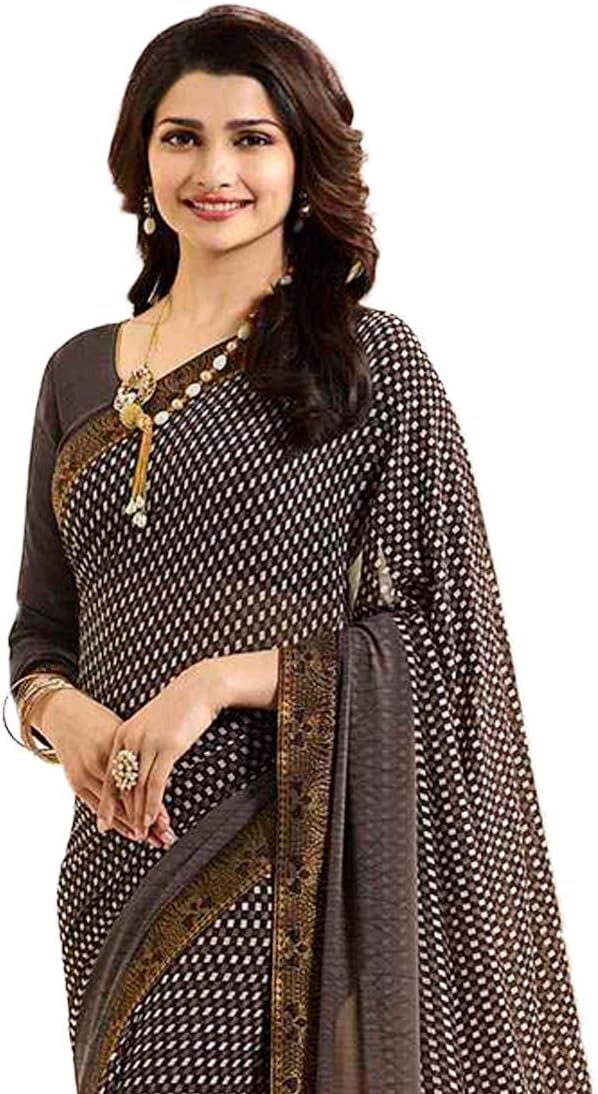 MAHEK Indian Women's Georgette New Fancy All Over Flower Prints Saree with Border & Blouse