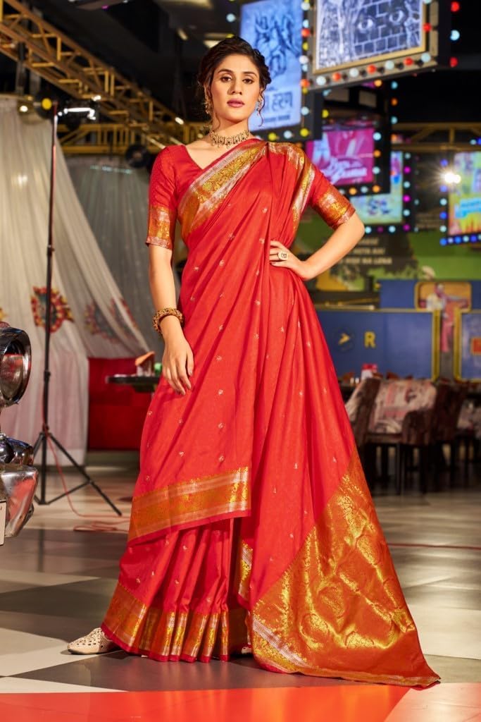 Womens Kanjivaram Silk Saree with Zari Woven Saree With Blouse Piece