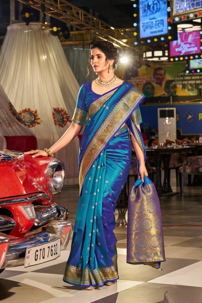 Womens Kanjivaram Silk Saree with Zari Woven Saree With Blouse Piece