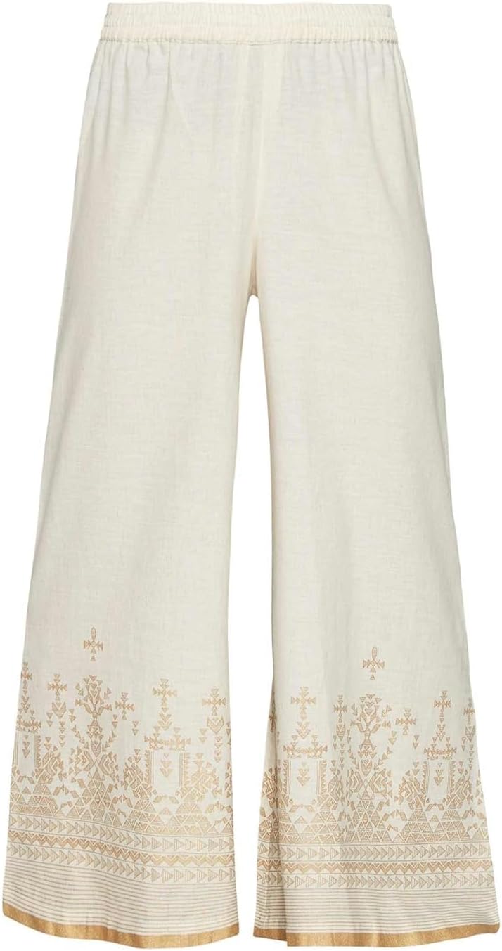 ladyline Women's Linen Cotton Palazzo Pant - Gold Printed with Pocket - Wide Leg Pants (PGPP)