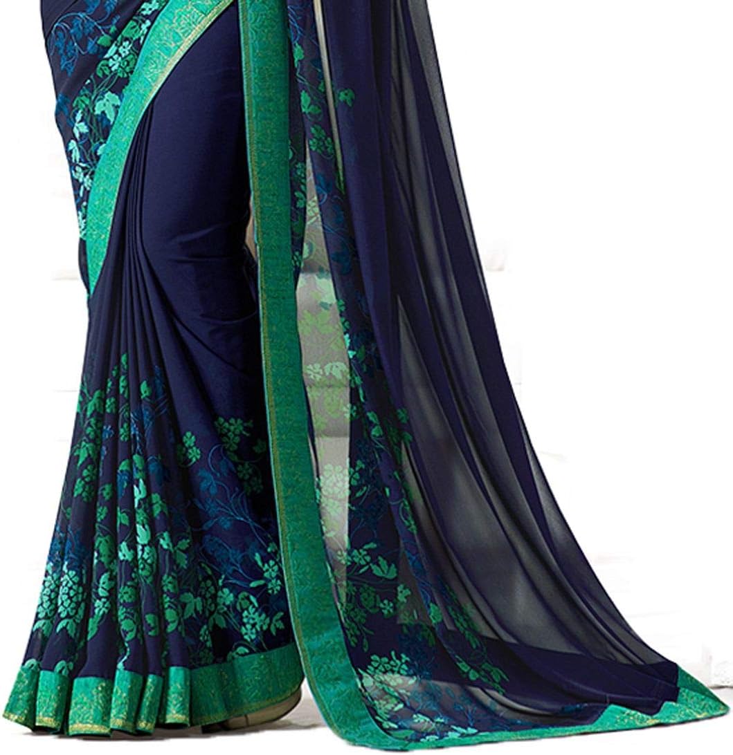 MAHEK Indian Women's Georgette New Fancy All Over Flower Prints Saree with Border & Blouse