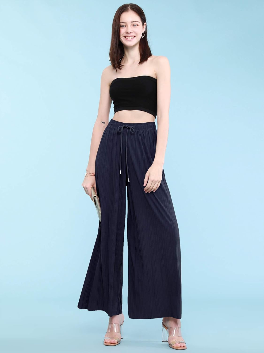 Lock and Love Womens Pleated Wide Leg Palazzo Maxi Pants with Drawstring or Elastic Band