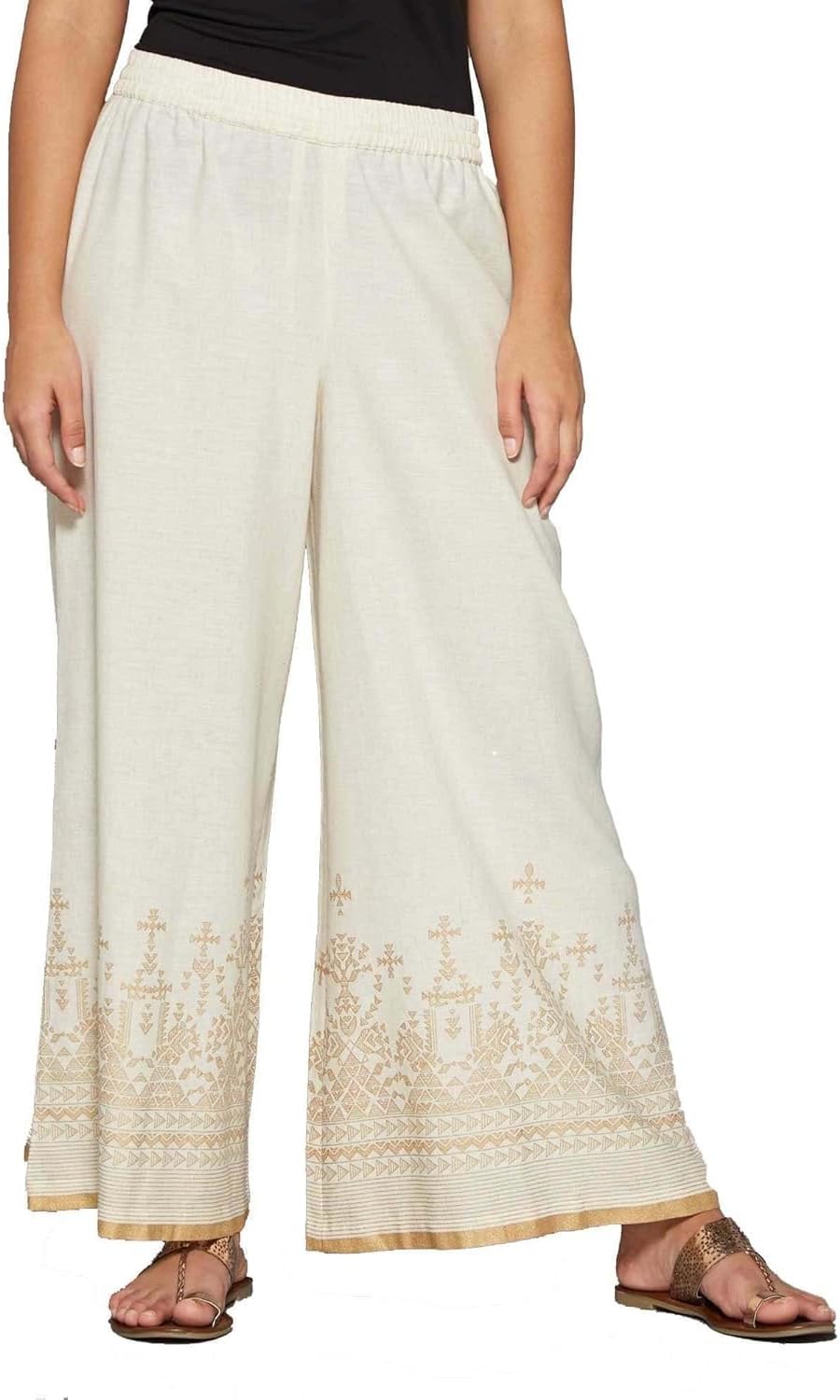 ladyline Women's Linen Cotton Palazzo Pant - Gold Printed with Pocket - Wide Leg Pants (PGPP)