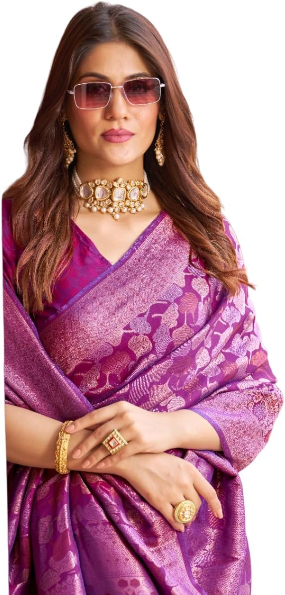 Womens Kanjivaram Silk Saree with Zari Woven Saree With Blouse Piece