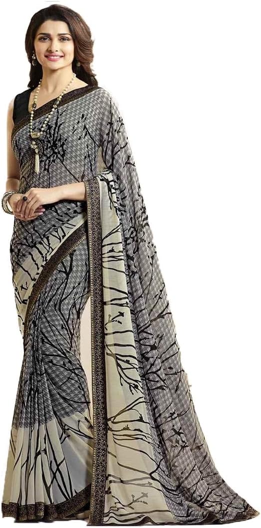 MAHEK Indian Women's Georgette New Fancy All Over Flower Prints Saree with Border & Blouse