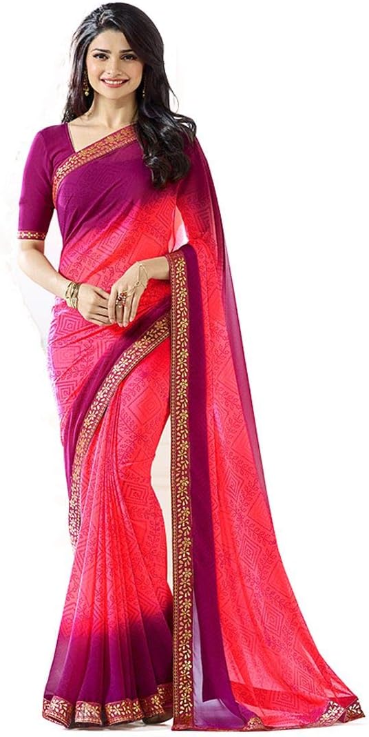 MAHEK Indian Women's Georgette New Fancy All Over Flower Prints Saree with Border & Blouse