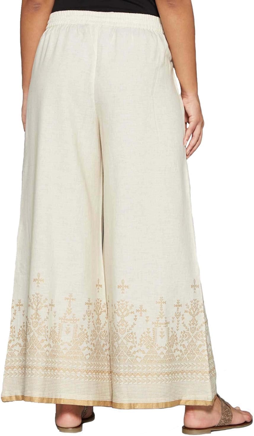 ladyline Women's Linen Cotton Palazzo Pant - Gold Printed with Pocket - Wide Leg Pants (PGPP)