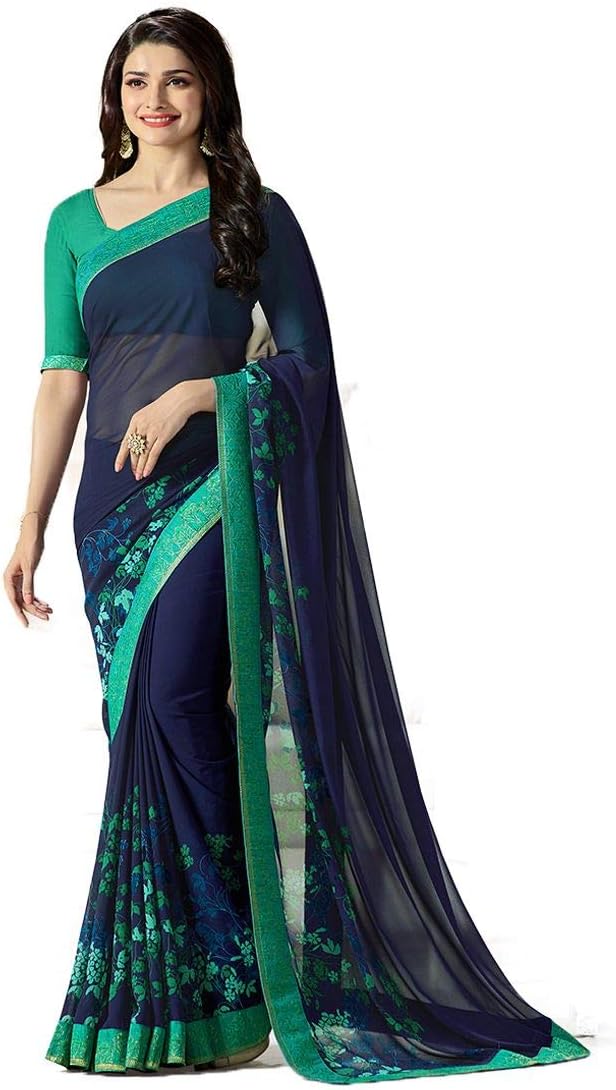 MAHEK Indian Women's Georgette New Fancy All Over Flower Prints Saree with Border & Blouse