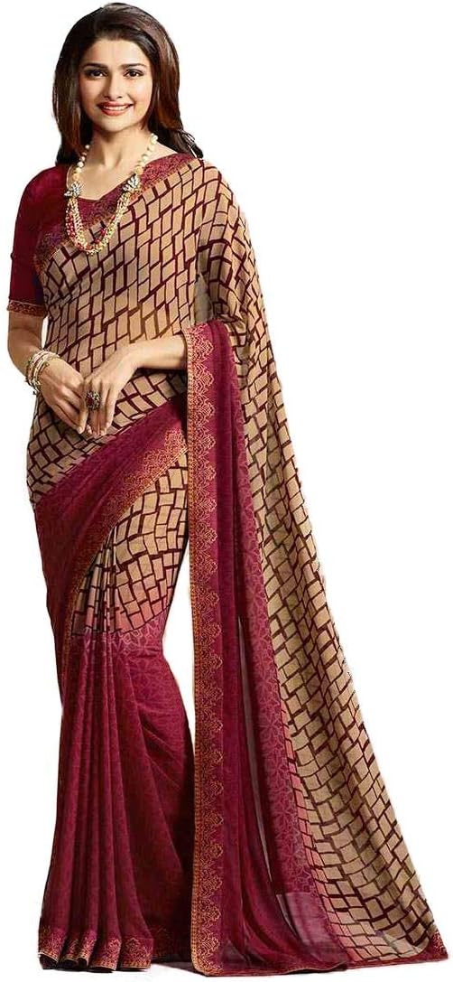 MAHEK Indian Women's Georgette New Fancy All Over Flower Prints Saree with Border & Blouse