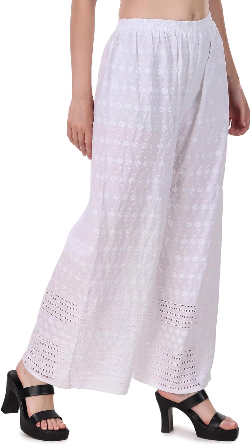 ladyline Women's Embroidered Hakoba Chikhan Palazzo Pant in Rayon with Elastic Closure