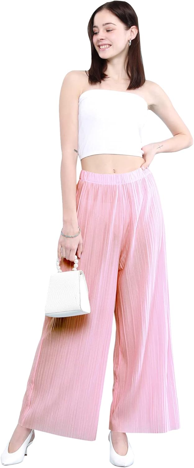 Lock and Love Womens Pleated Wide Leg Palazzo Maxi Pants with Drawstring or Elastic Band