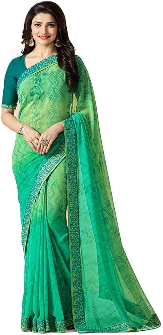 MAHEK Indian Women's Georgette New Fancy All Over Flower Prints Saree with Border & Blouse