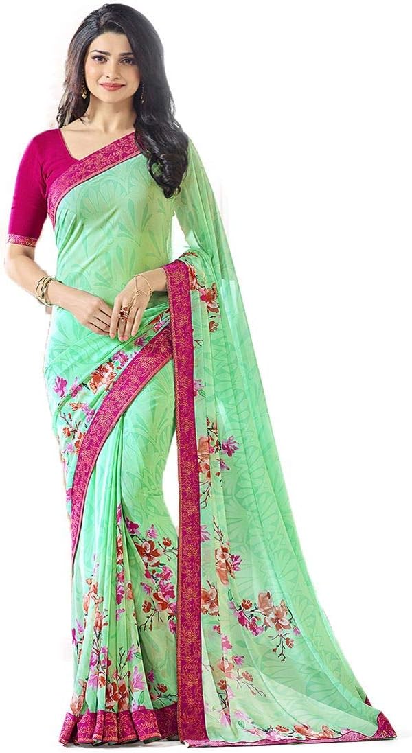 MAHEK Indian Women's Georgette New Fancy All Over Flower Prints Saree with Border & Blouse