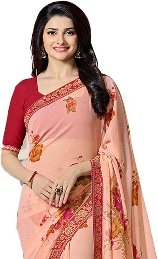 MAHEK Indian Women's Georgette New Fancy All Over Flower Prints Saree with Border & Blouse