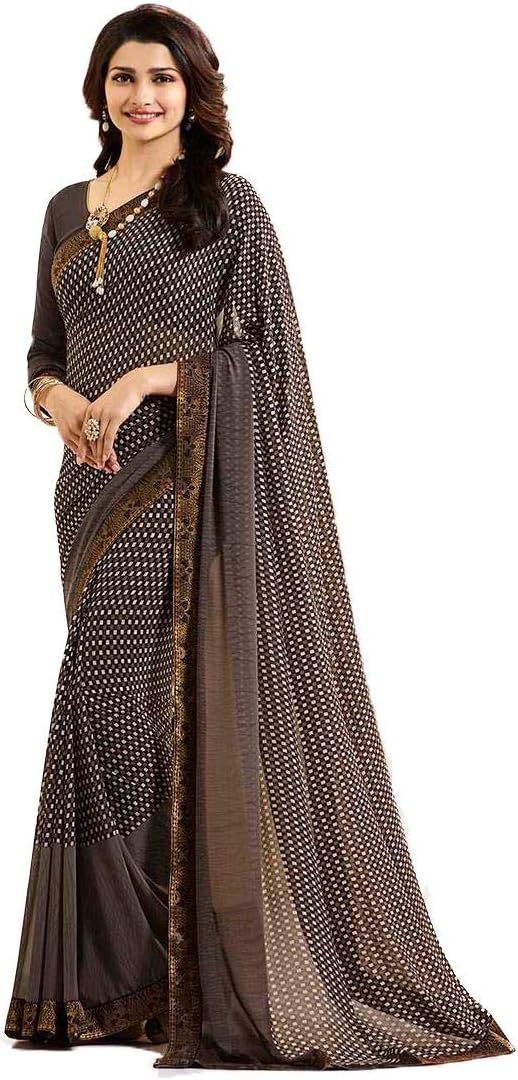 MAHEK Indian Women's Georgette New Fancy All Over Flower Prints Saree with Border & Blouse