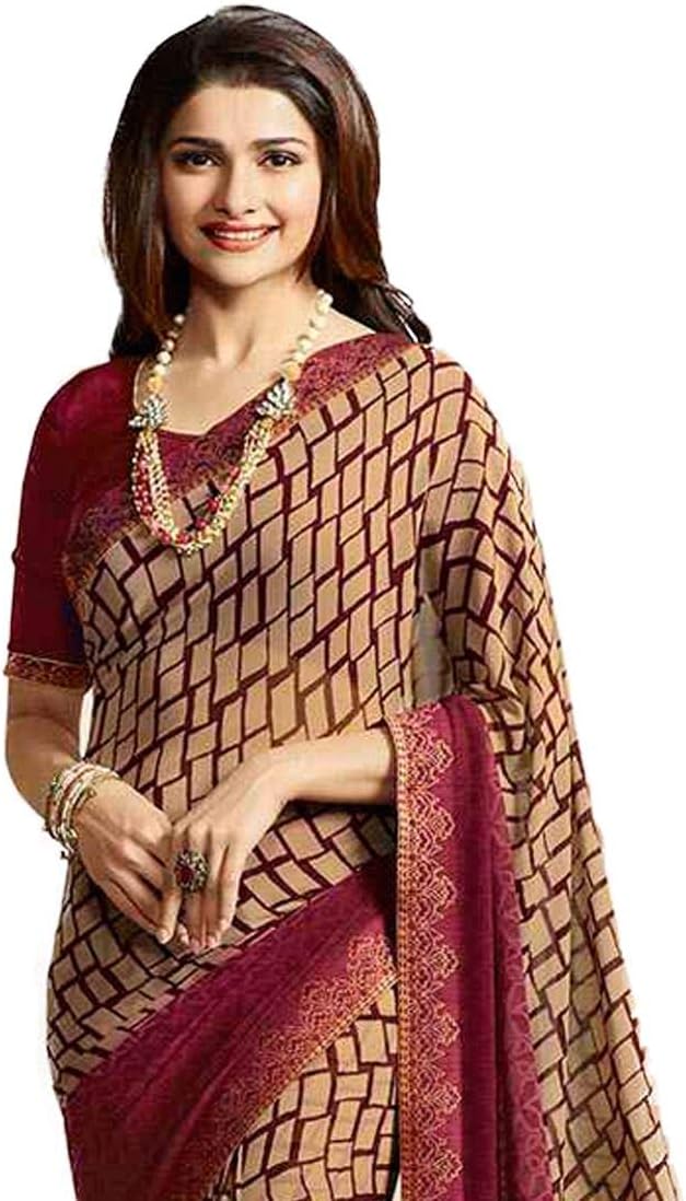 MAHEK Indian Women's Georgette New Fancy All Over Flower Prints Saree with Border & Blouse