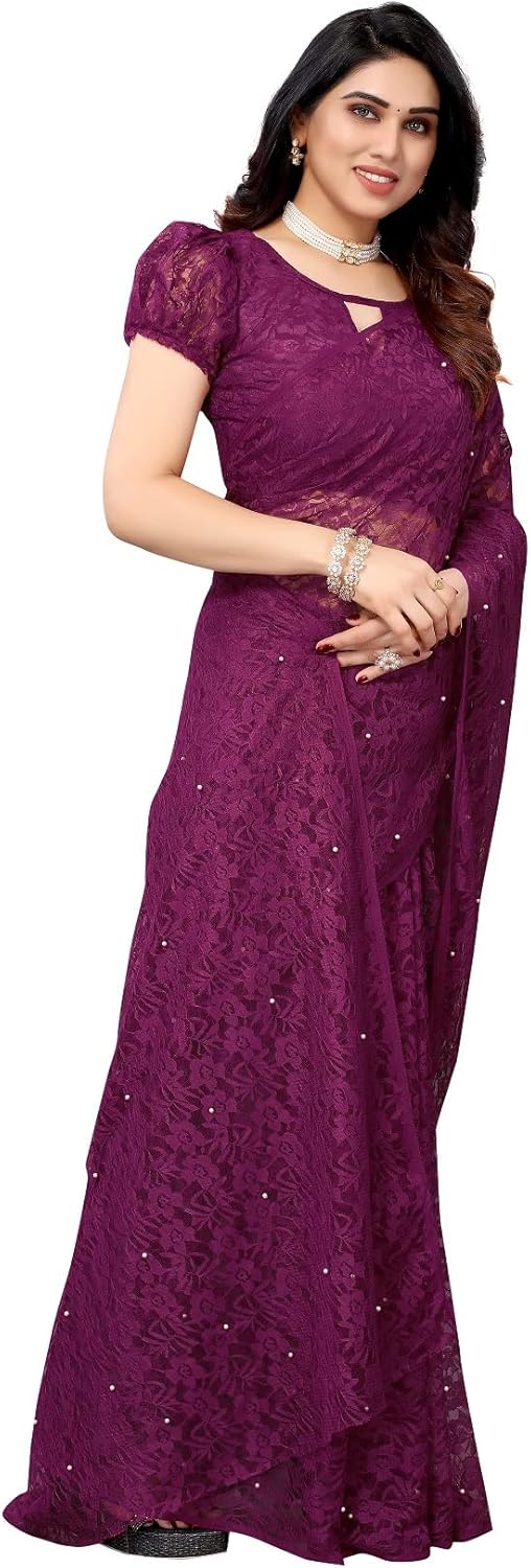 IMTRA FASHION Designer Net Saree for Women Indian Floral Sari with Blouse