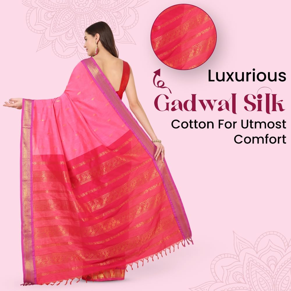 Women's Gadwal Silk Cotton Saree with Contrast Unstitched Blouse Piece - Stylish and Classic Traditional Saree