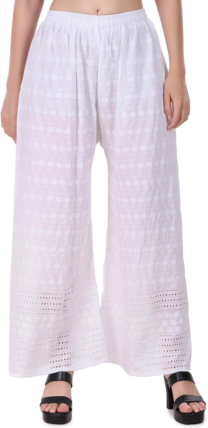 ladyline Women's Embroidered Hakoba Chikhan Palazzo Pant in Rayon with Elastic Closure