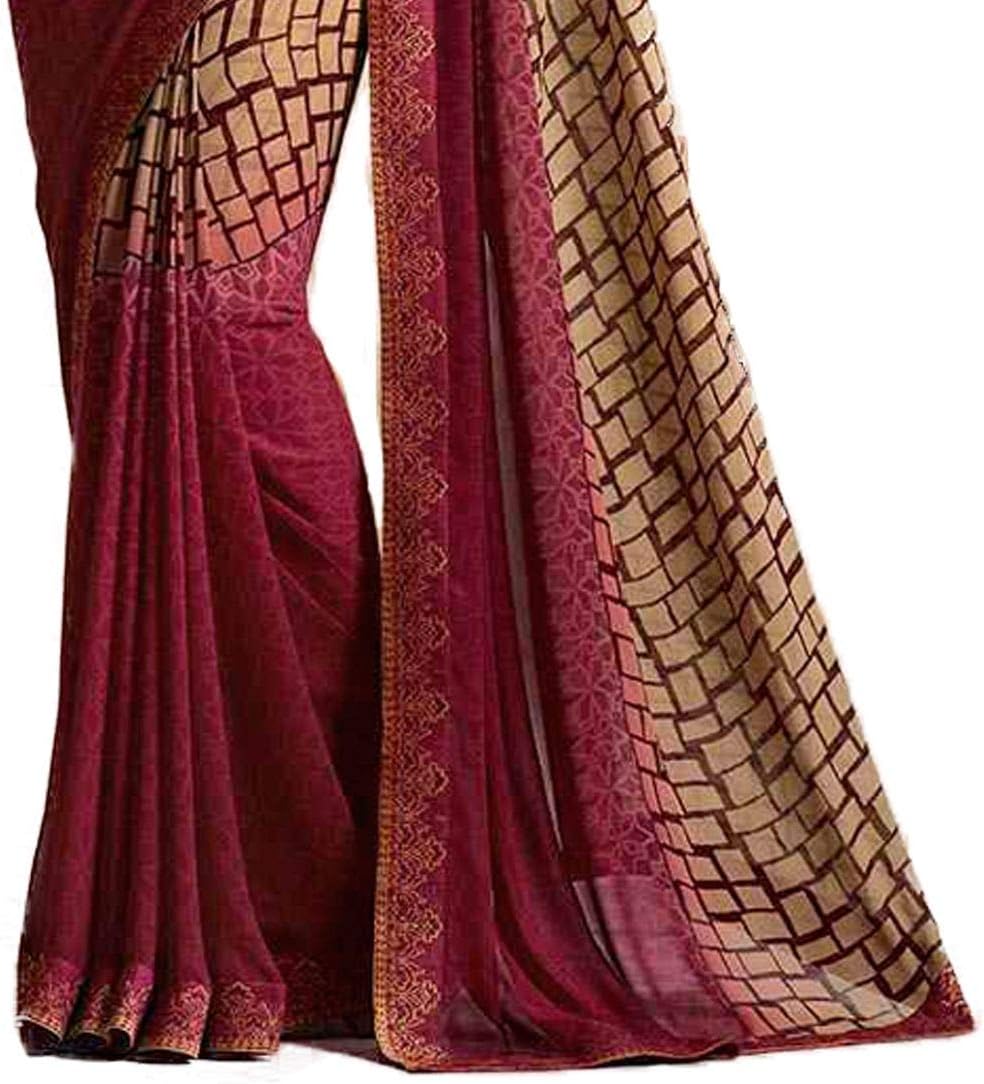 MAHEK Indian Women's Georgette New Fancy All Over Flower Prints Saree with Border & Blouse