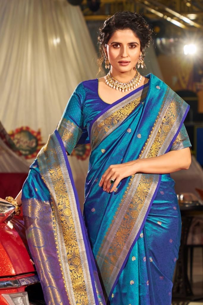 Womens Kanjivaram Silk Saree with Zari Woven Saree With Blouse Piece