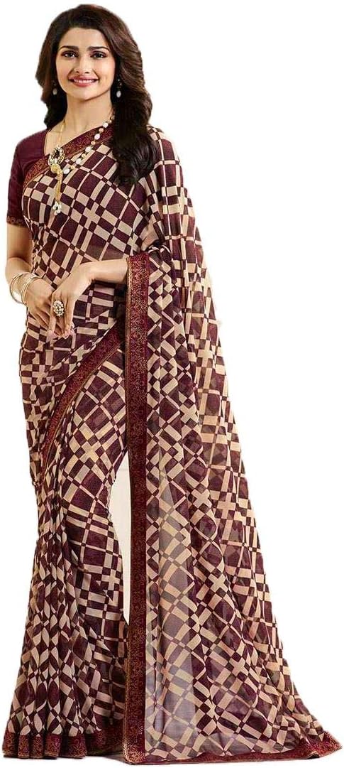 MAHEK Indian Women's Georgette New Fancy All Over Flower Prints Saree with Border & Blouse