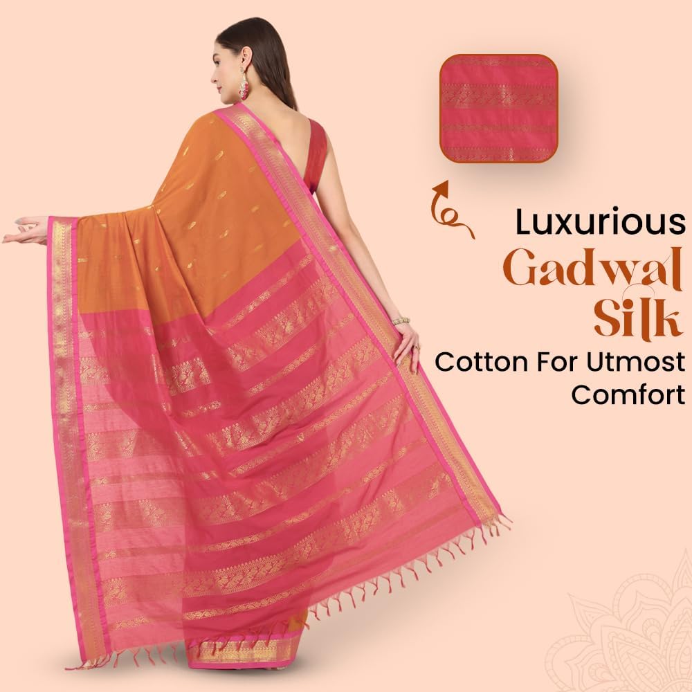 Women's Gadwal Silk Cotton Saree with Contrast Unstitched Blouse Piece - Stylish and Classic Traditional Saree