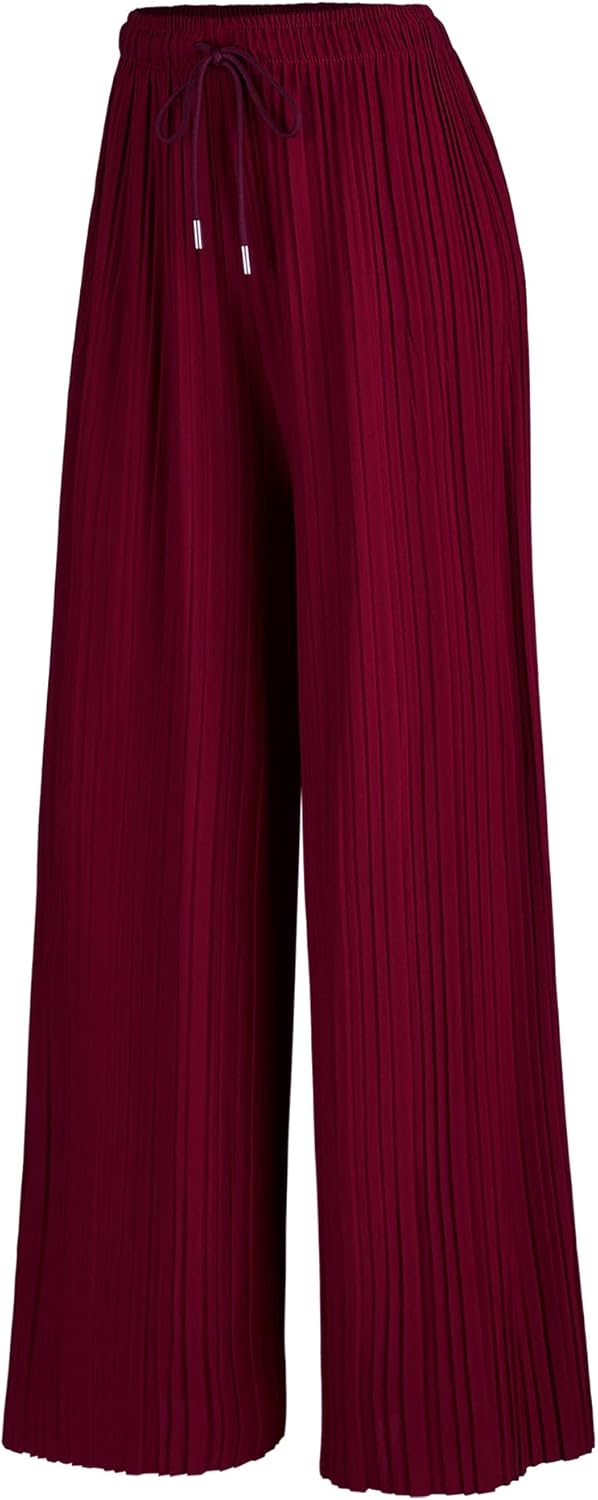 Lock and Love Womens Pleated Wide Leg Palazzo Maxi Pants with Drawstring or Elastic Band