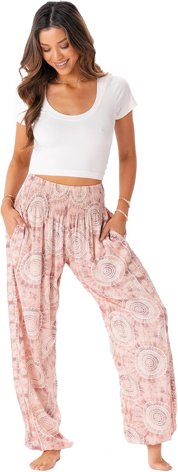 Lotus and Luna Women's Harem Pants Thai Pants for Beach & Lounge High Waisted Flowy Boho Pants Genie Pants Yoga Pants